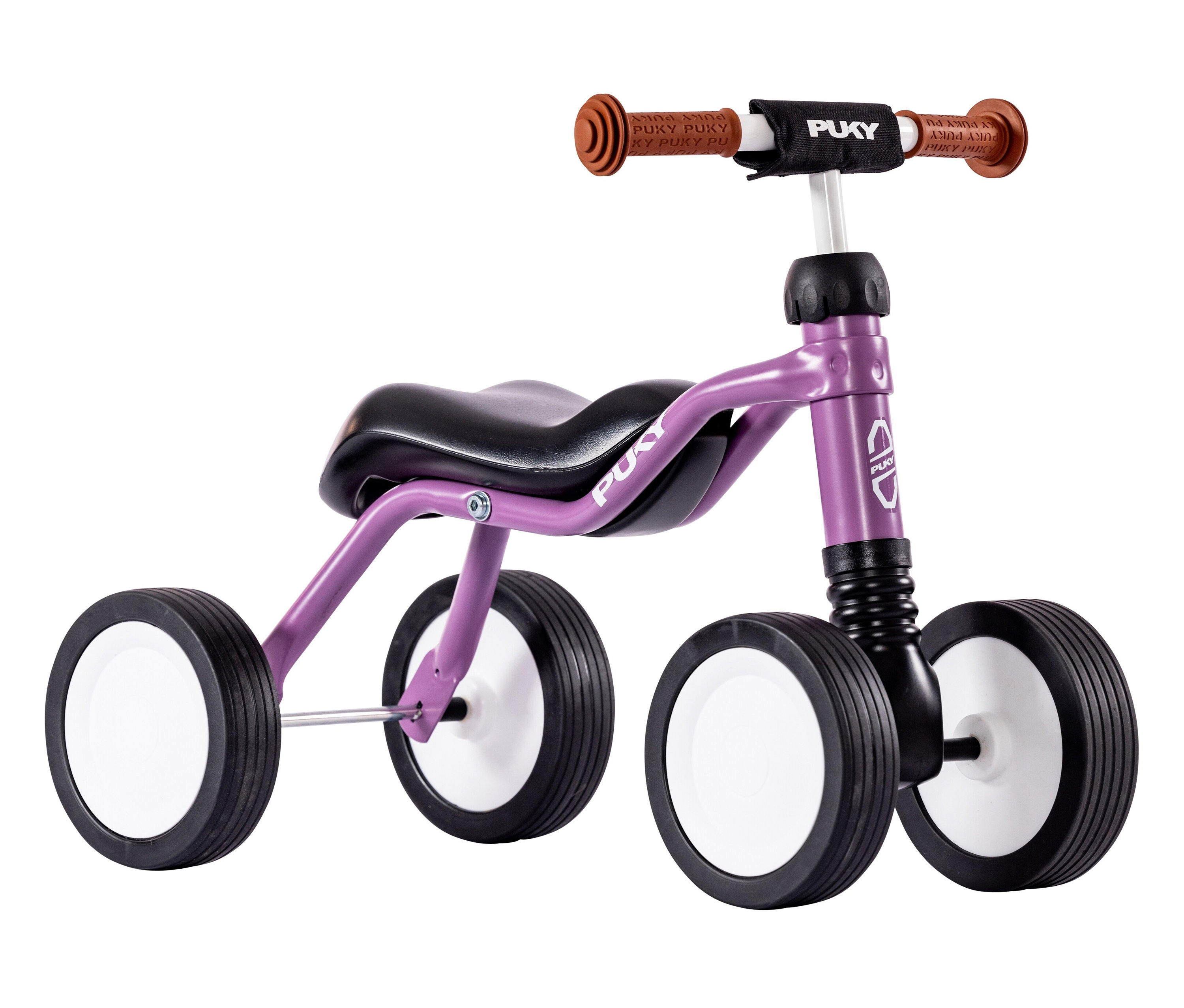 Nahaufnahme eines lila PUKY Laufrads WUTSCH mit vier Rädern.