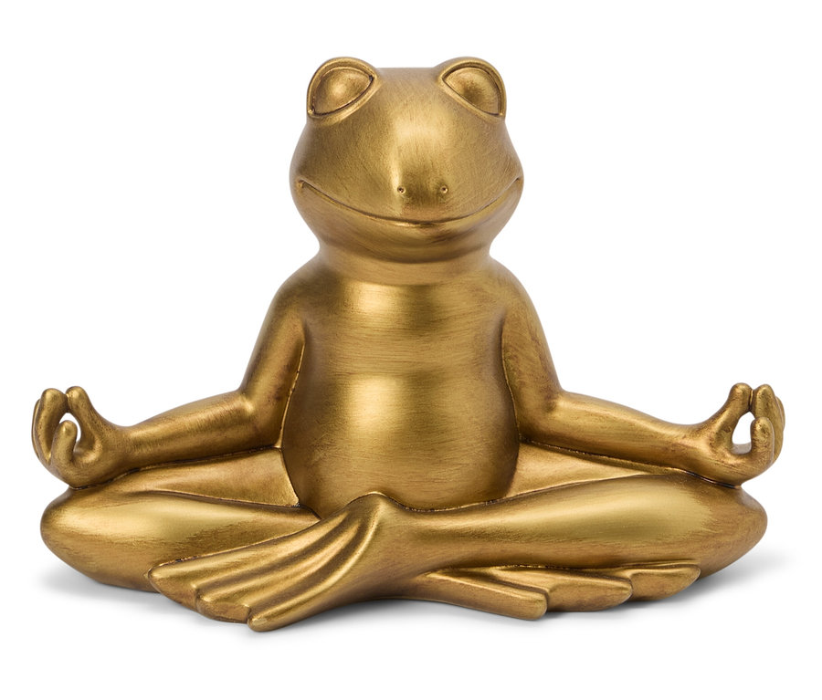 Goldene Froschstatue, die im Lotussitz sitzt.