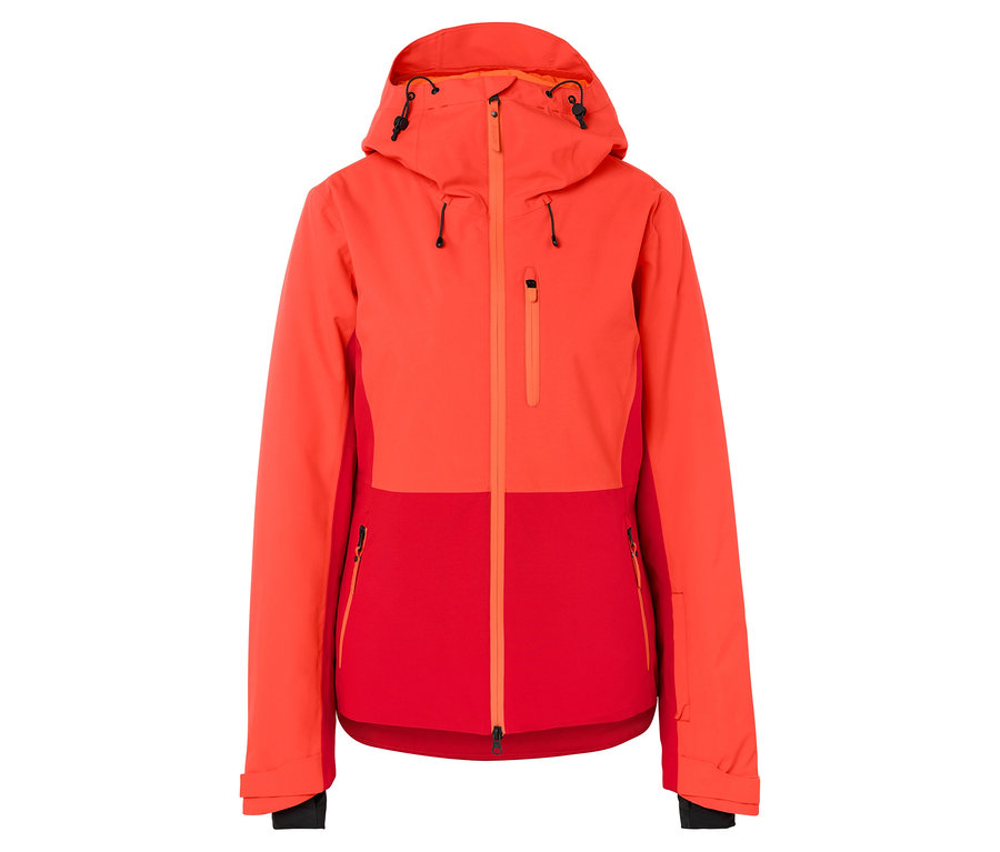 Orange-rote Kapuzenjacke mit Reißverschluss.