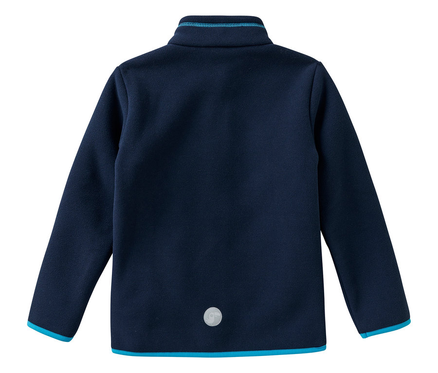 Die marineblaue JAKO-O Kuschelfleecejacke mit Stehkragen ist von hinten zu sehen.