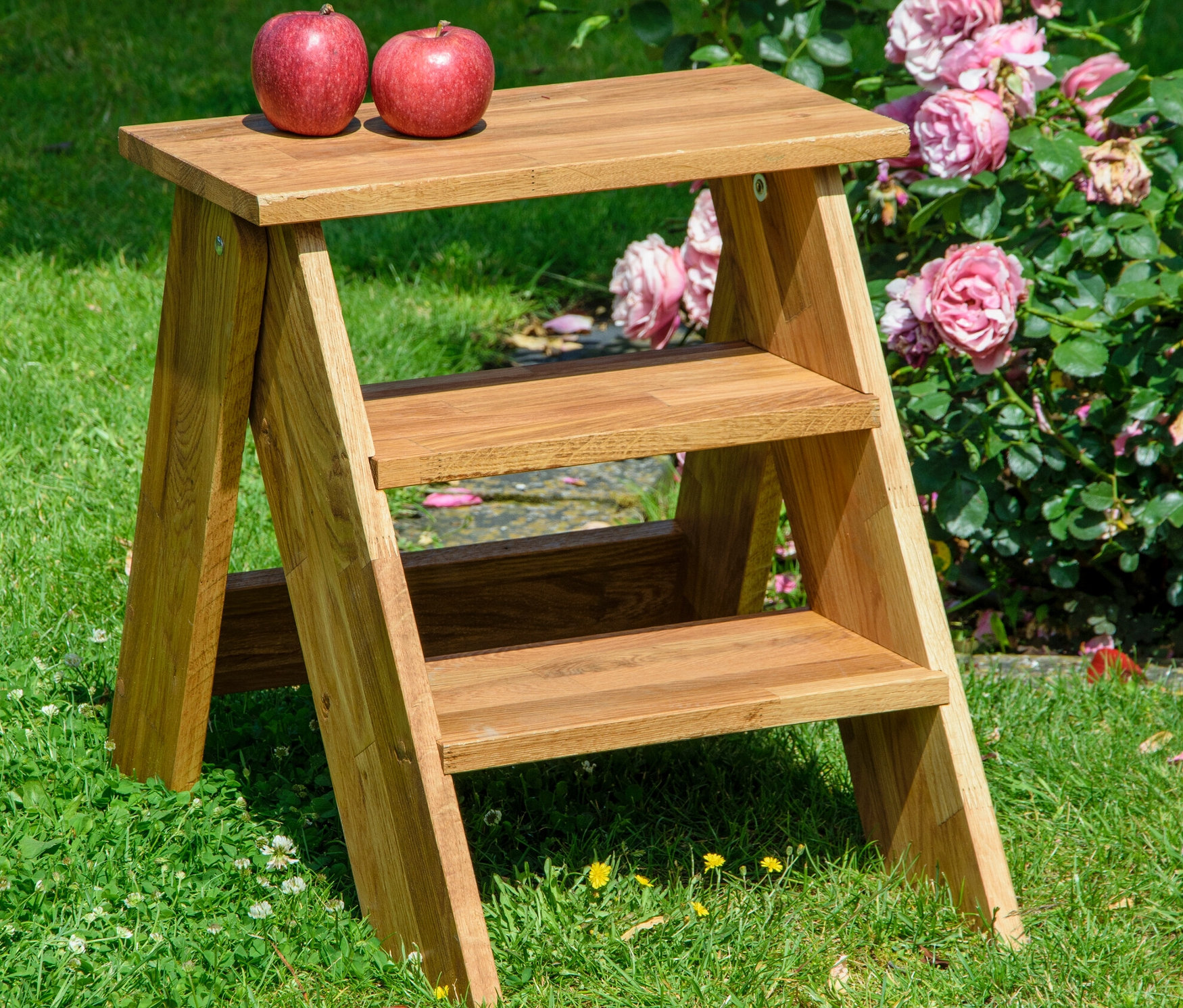 Zwei rote Äpfel liegen auf einem hölzernen Tritthocker auf einer Wiese neben rosa Rosen.