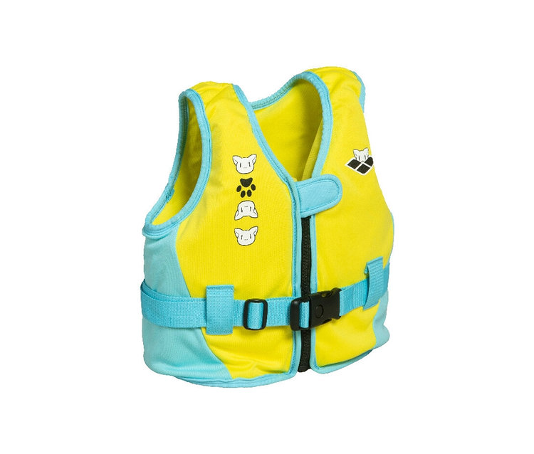 Gelb-türkise arena Friends Kinder-Auftriebsweste mit Reißverschluss und Pfotenabdruck.