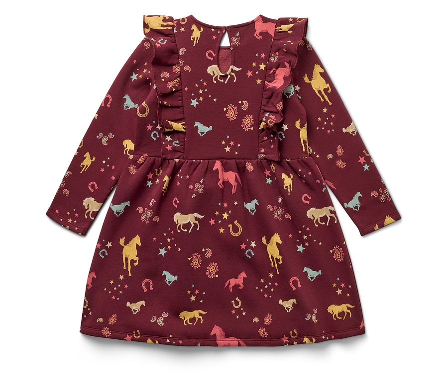 Ein weinrotes, langärmeliges Kleid mit Rüschen und einem Aufdruck aus Pferden, Hufeisen und Sternen.