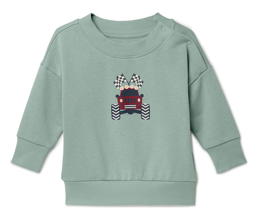Grünes Sweatshirt mit einem Aufdruck eines roten Jeeps und Zielflaggen.