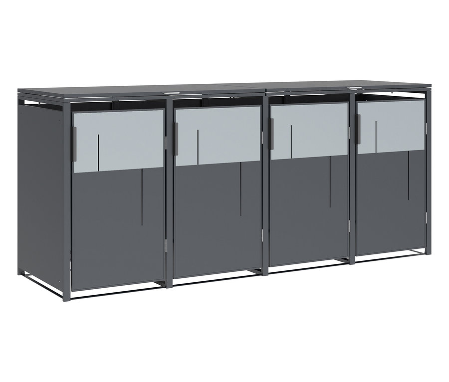 Vier graue Schränke mit grauen oberen Türen und schwarzen Griffen.