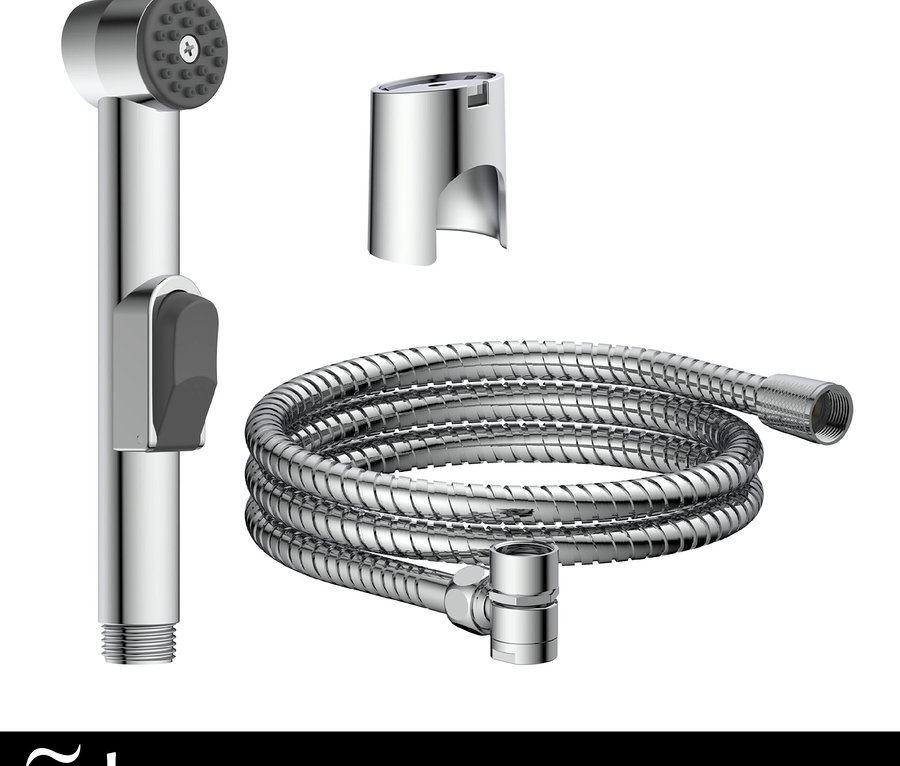 Bidet-Brause-Set mit silbernem Schlauch und Halterung.
