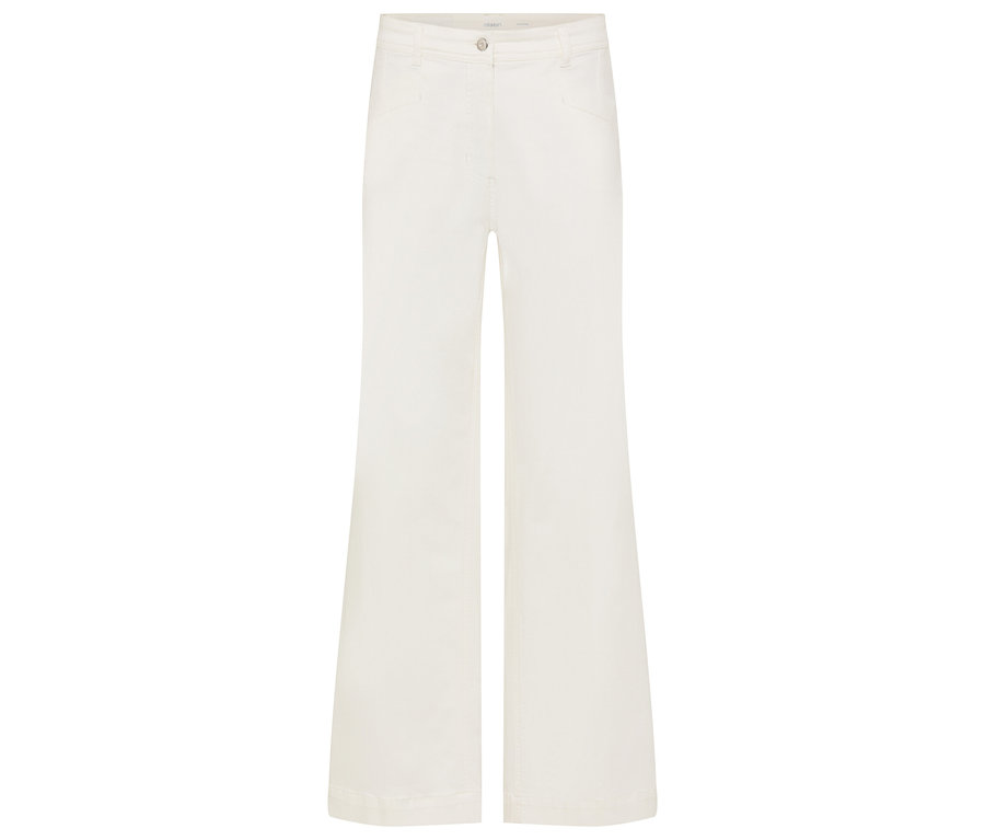 Eine einzelne, cremefarbene Schlaghose liegt auf einem weißen Hintergrund.