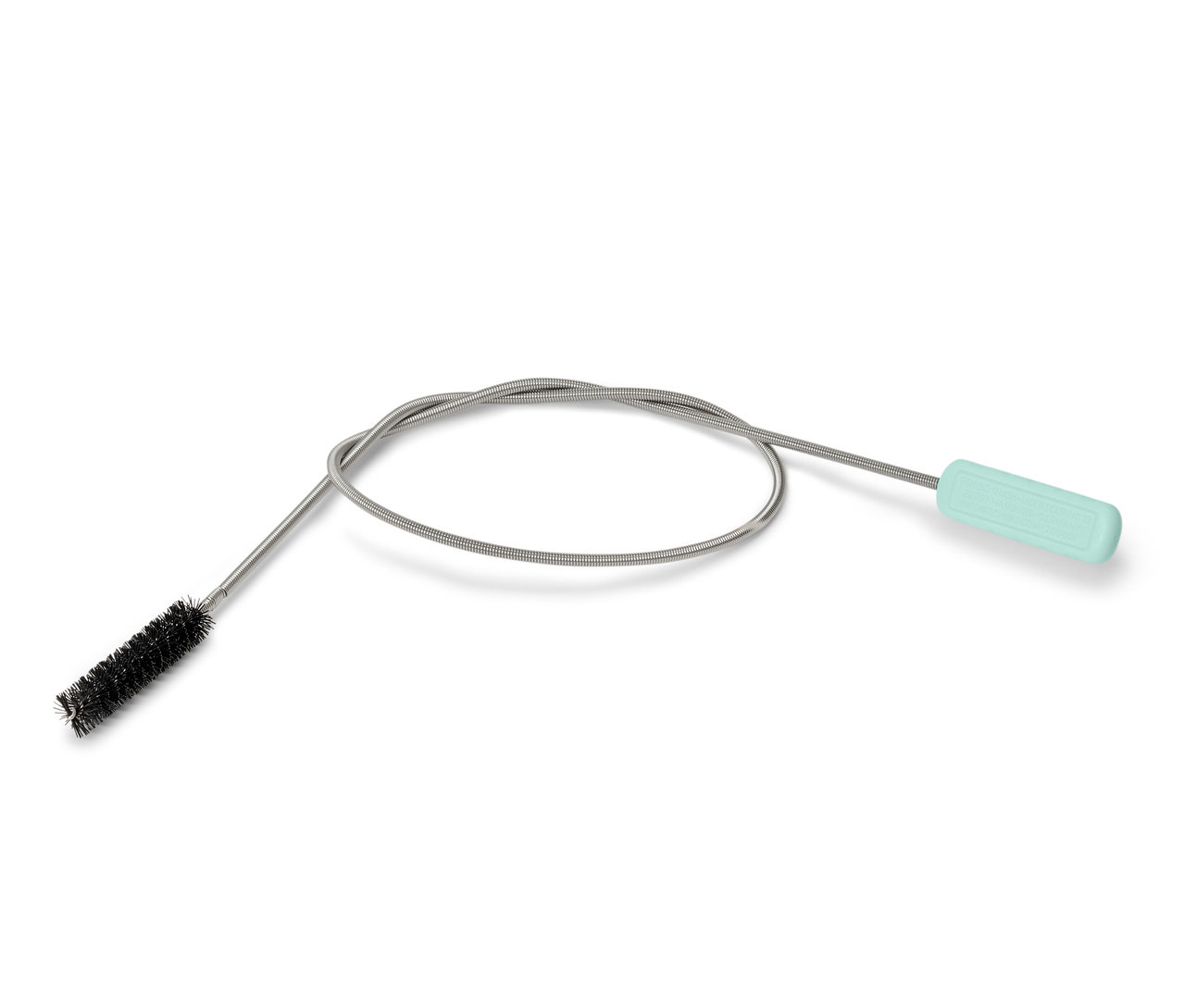 Eine flexible Abflussbürste mit silberner Spirale und blaugrünem Griff.