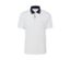 Weißes Funktions-Poloshirt mit kurzen Ärmeln und dunkelblauem Saum am Kragen.