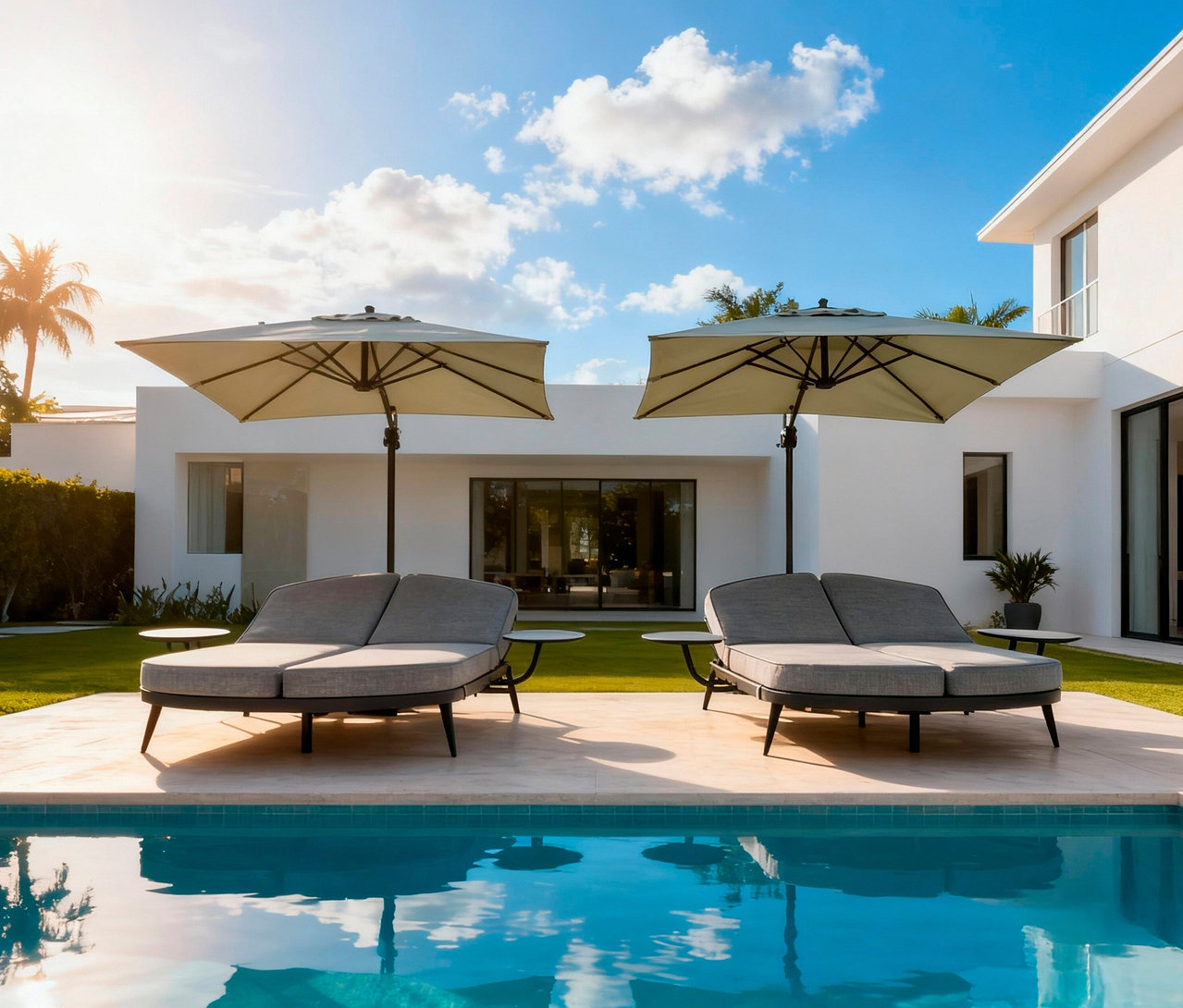 Zwei graue Doppelliegen stehen mit Sonnenschirmen auf einer Terrasse neben einem Pool.