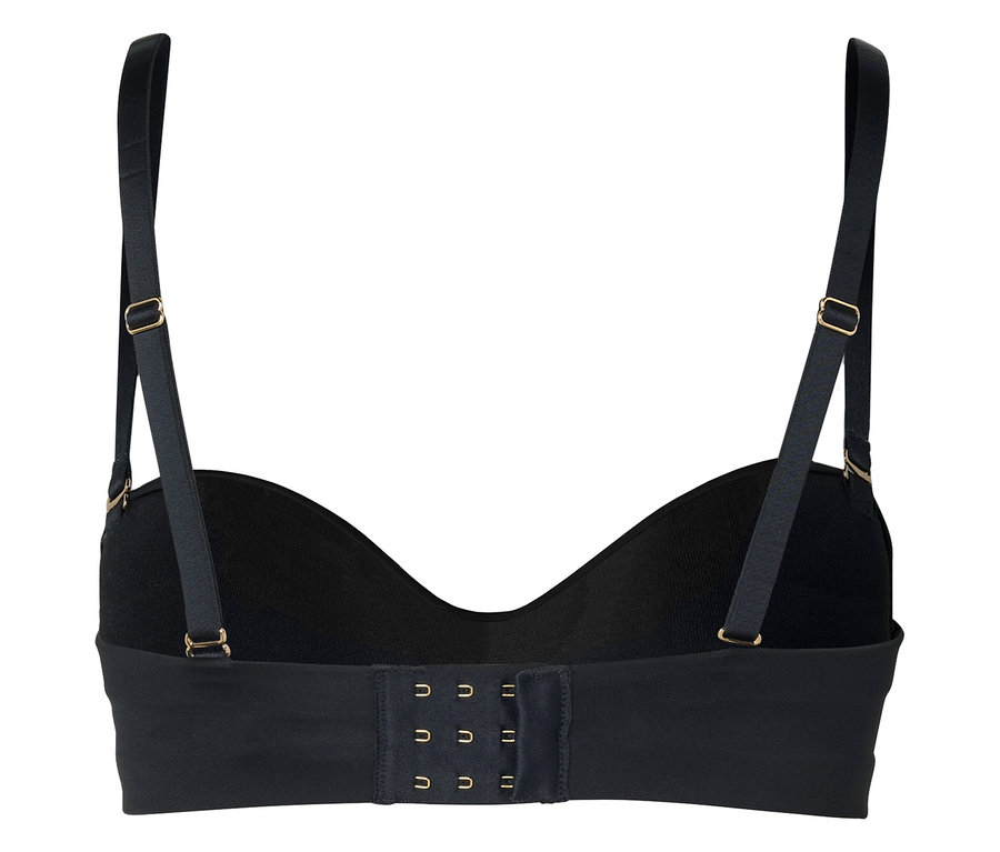 Rückansicht eines schwarzen BHs mit verstellbaren Trägern und dreireihigem Haken-Ösen-Verschluss.