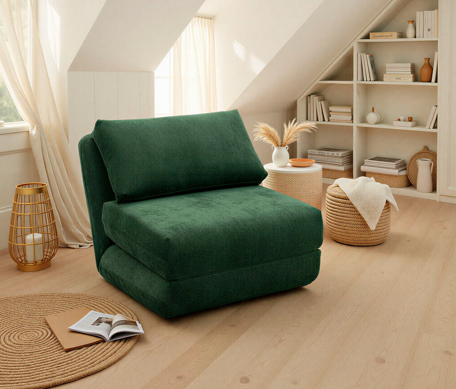 Ein grüner Sessel steht auf einem Teppich. Auf dem Sessel liegt ein Kissen. Im Hintergrund befindet sich ein Bücherregal.