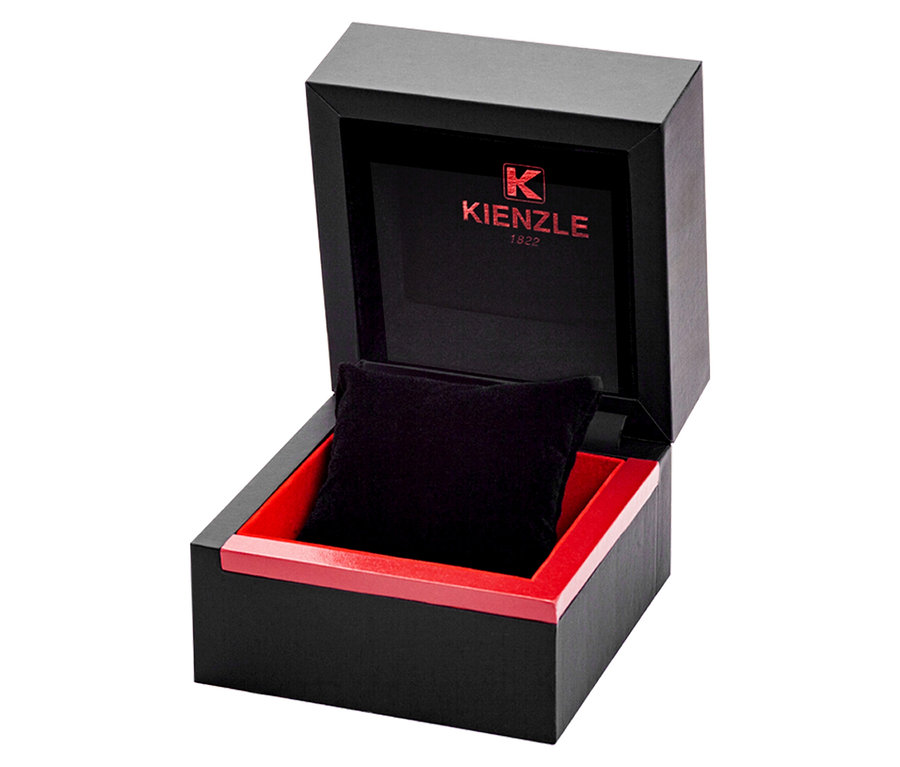 Geöffneter, schwarzer Kasten mit rotem Rand und schwarzem Kissen für die Kienzle Uhr »Lady Elegance«, weiß.