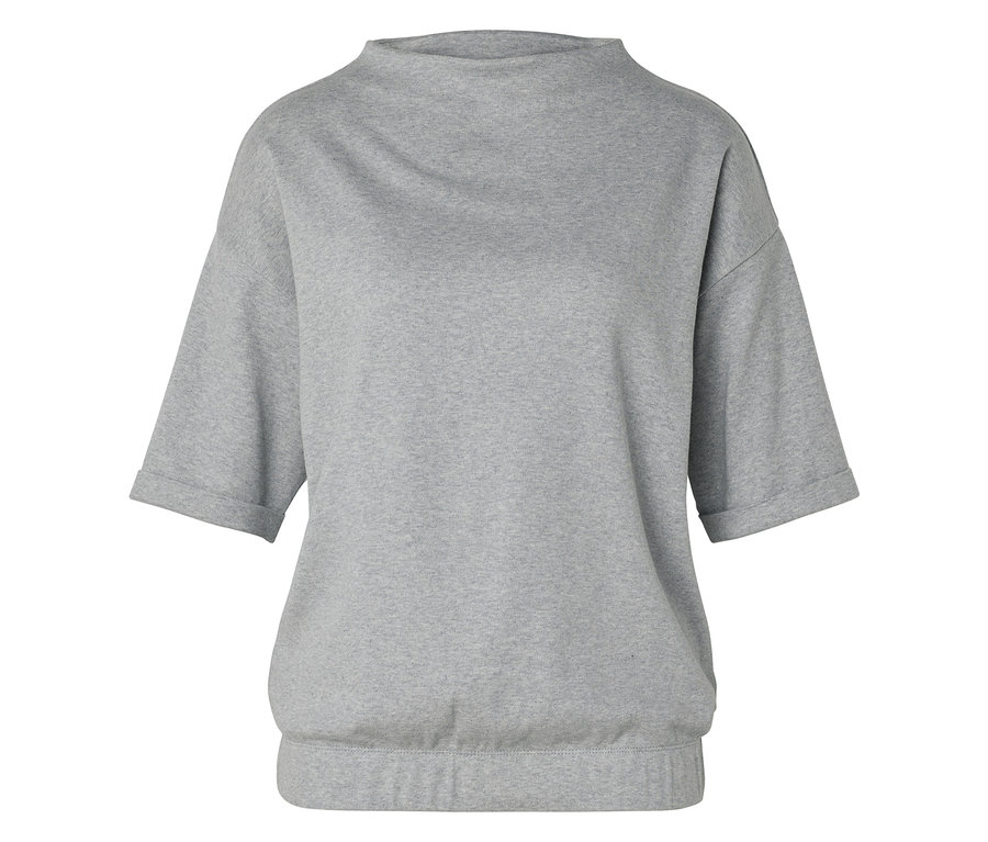Graues kurzärmeliges Sweatshirt mit hohem Kragen.