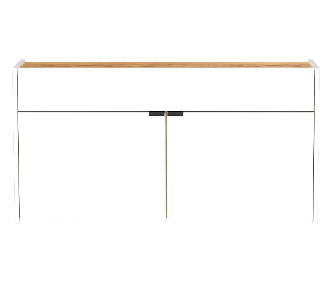 Weißer, breiter Mehrzweckschrank »Ameca« mit hellem Holzdeckel und zwei schwarzen Griffen.