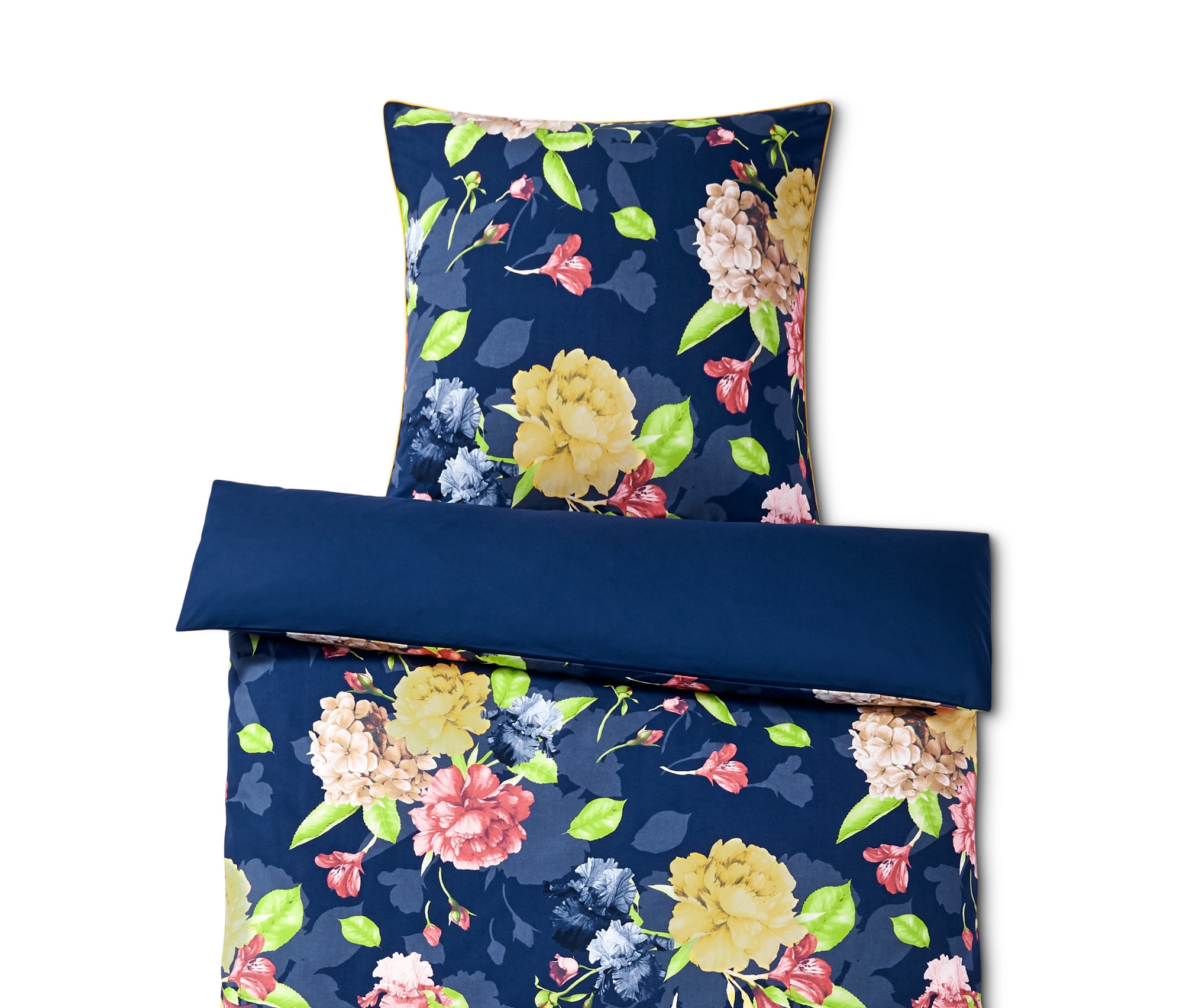 Blaues Renforcé-Bettwäsche-Set in Normal-, Über- und Doppelgröße mit Blumenmuster.