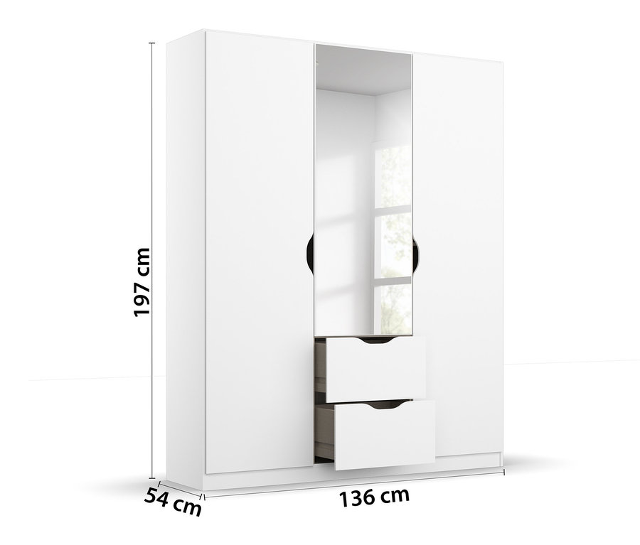 Detailansicht des weißen Kleiderschranks »Alvara« mit Spiegel und Schubladen, Teil eines 3-teiligen Kindermöbel-Sets.