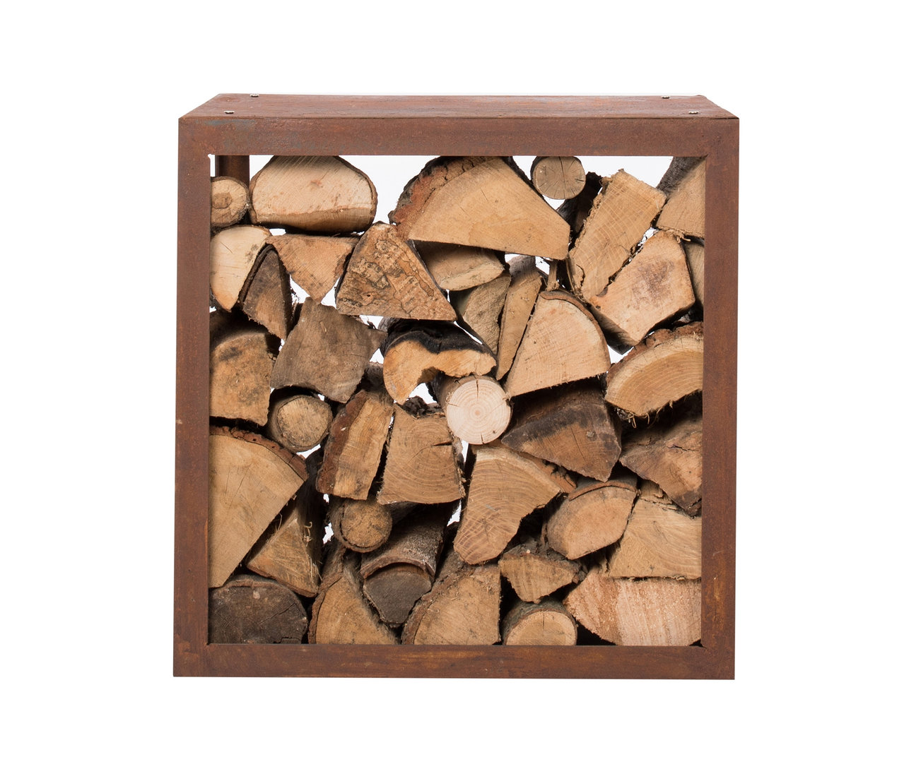 Ein mit Holzscheiten gefülltes, modulares Brennholzregal.