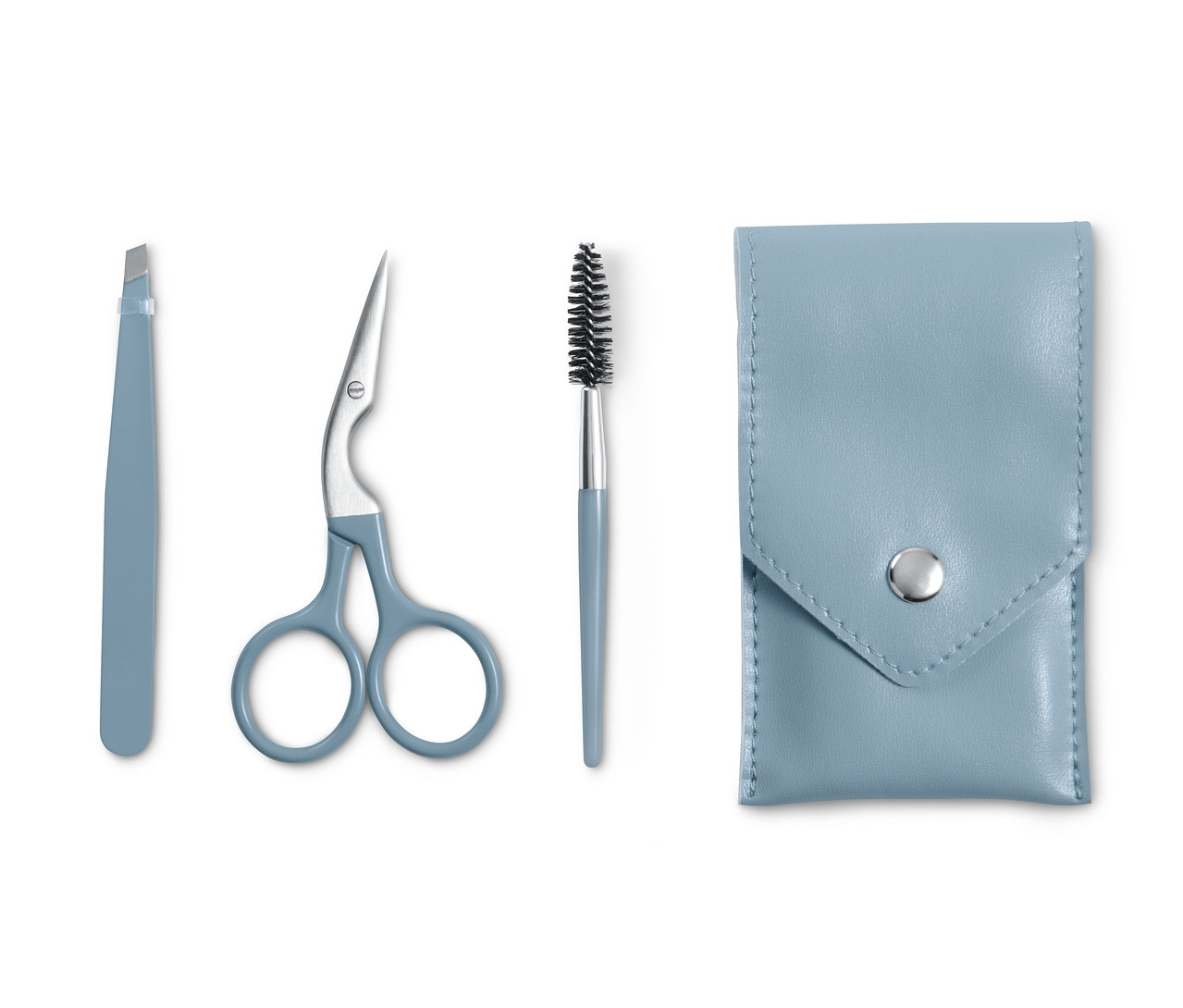 Blaues Augenbrauen-Set: Pinzette, Schere, Bürste und Etui.
