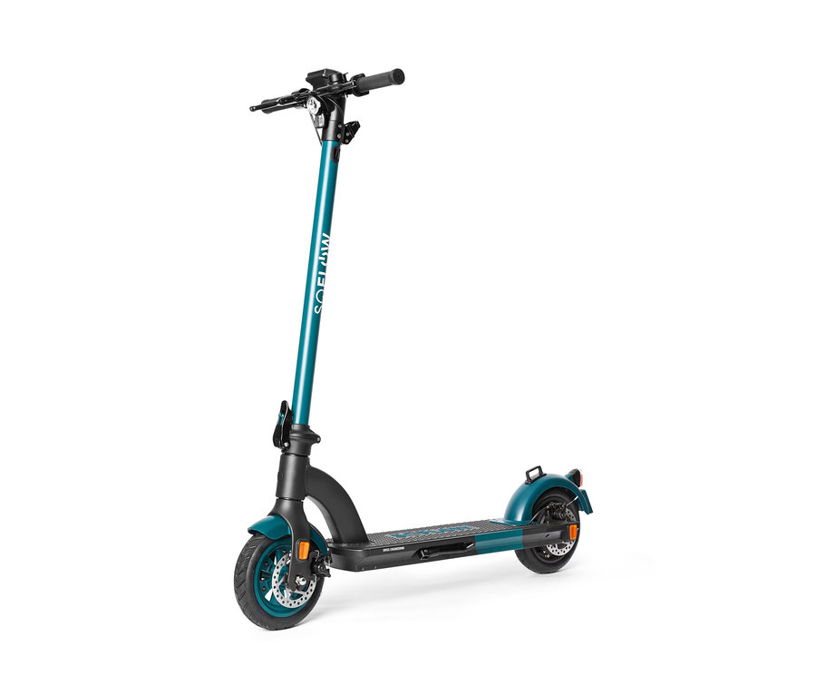 Ein E-Scooter SoFlow »S04« in Schwarz- und Türkistönen auf weißem Hintergrund.