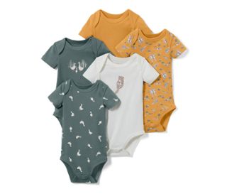1x rauchblau mit Gans-Print, 1x korngelb mit Alloverprint, 1x korngelb,1x weiß mit Print, 1x Rauchblau mit Gans-Alloverprint