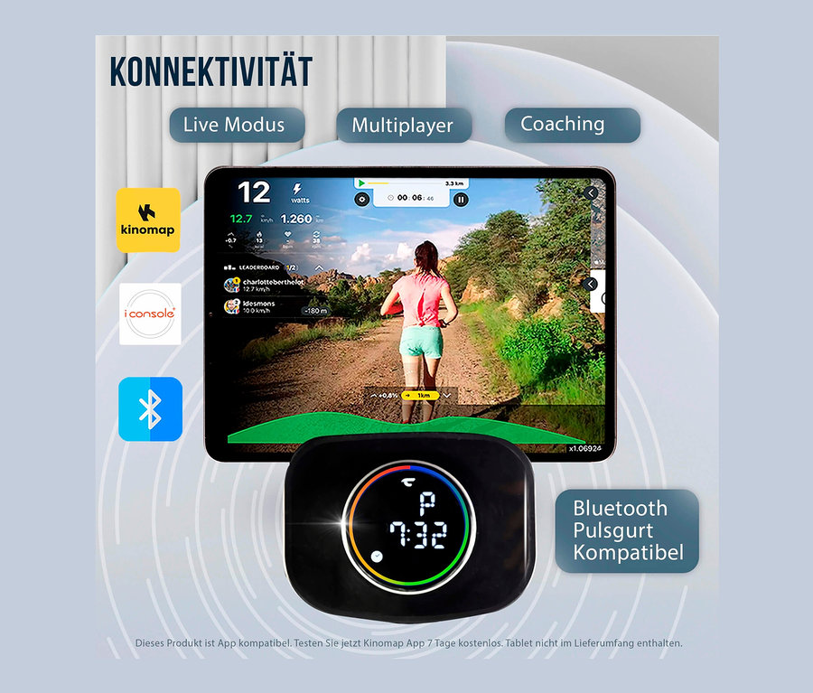 Der Bildschirm des Elliptical Ergometer FitWheel Pro zeigt eine Frau, die auf einem Feldweg läuft.
