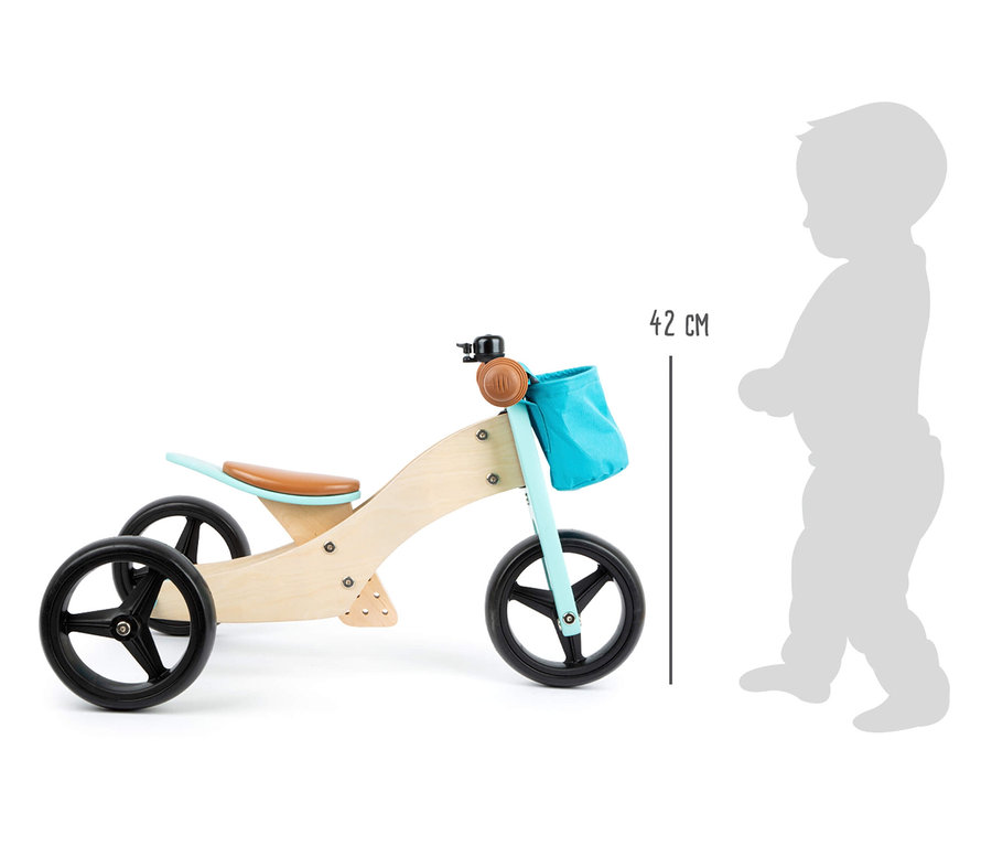 small foot Laufrad-und-Dreirad »Trike«, türkis, aus Holz mit schwarzen Rädern und braunem Sattel.