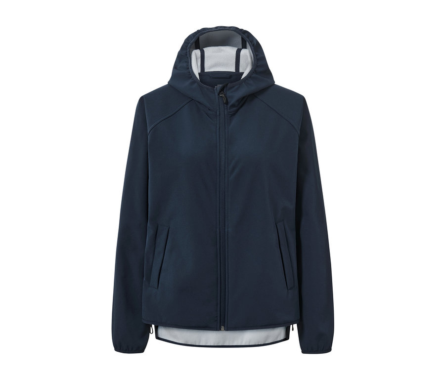 Dunkelblaue Softshelljacke mit Kapuze und Reißverschluss in der Mitte.