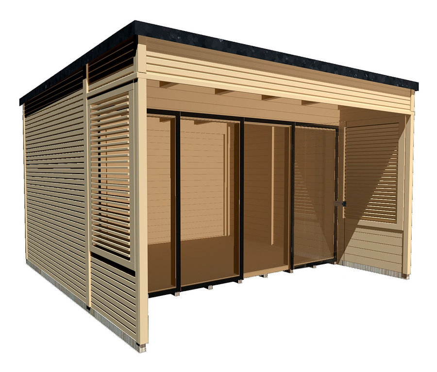 Das Foto zeigt ein WEKA Design-Wochenendhaus mit Vordach »Cubilis 2.0«, 45 mm.