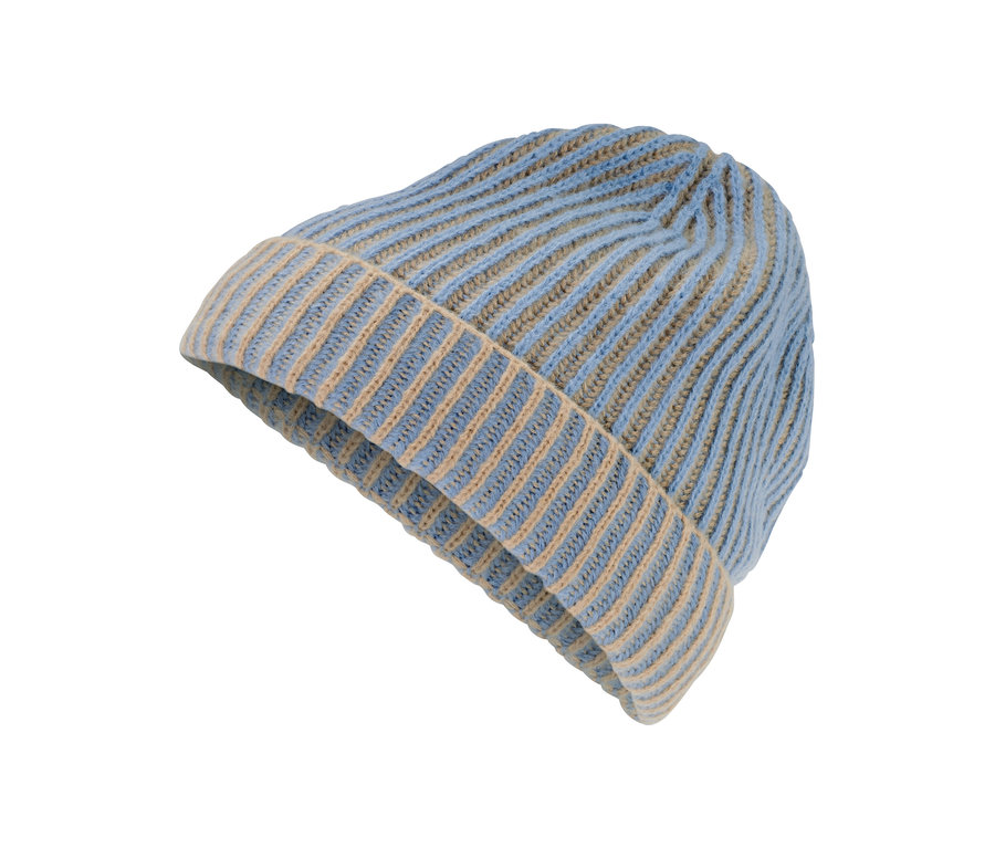 Eine blau-beige gestreifte Strickmütze.
