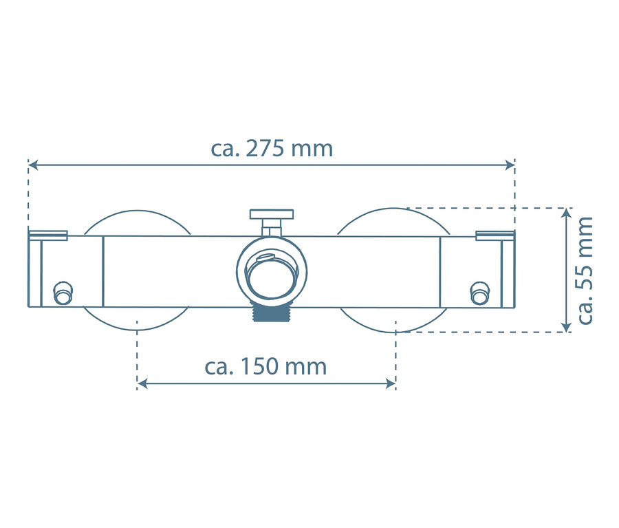 Diagramm der Thermostat-Wannenfüllarmatur »London« mit Maßangaben.