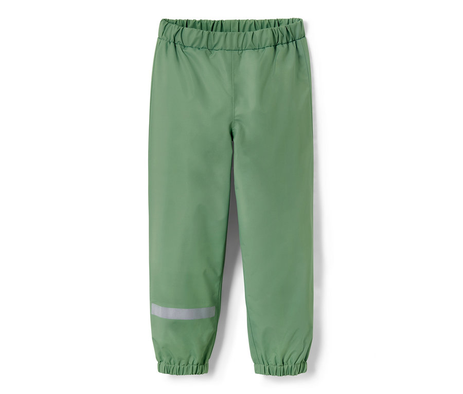 Grasgrüne Kinder-Regenhose mit Reflektorstreifen am Bein.