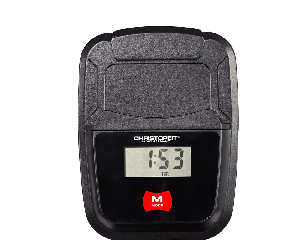 Schwarzes Display am Rudergerät RW 1000 zeigt die Zeit 1:53.