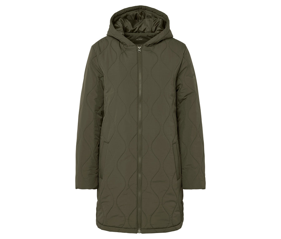 Olivgrüner Steppmantel mit Kapuze und Reißverschluss in der Mitte.