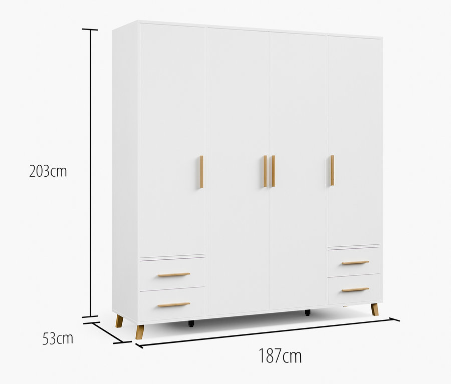 Weißer Drehtürenschrank »Shinjo« mit 4 Türen und 4 Schubladen.