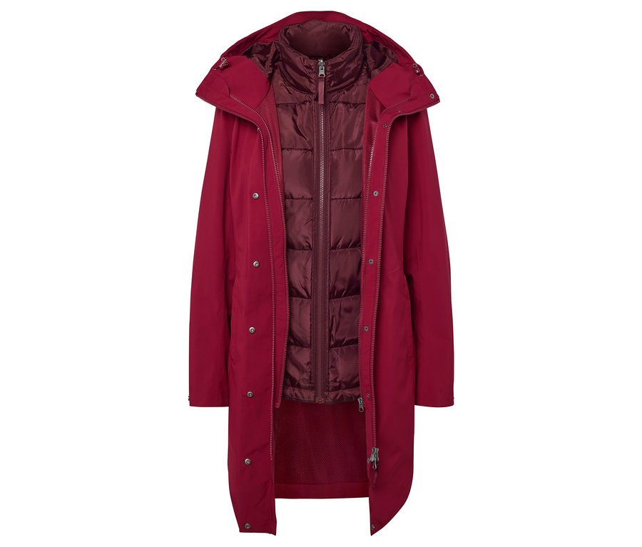 Offener roter Mantel mit Kapuze und Steppweste.