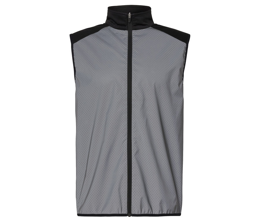 Graue Weste mit schwarzem Reißverschluss in der Mitte.