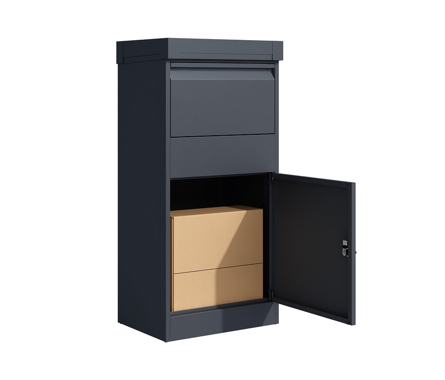 Eine dunkelgraue Paketbox mit Blumenkasten, offener Tür und zwei Kartons im Inneren.