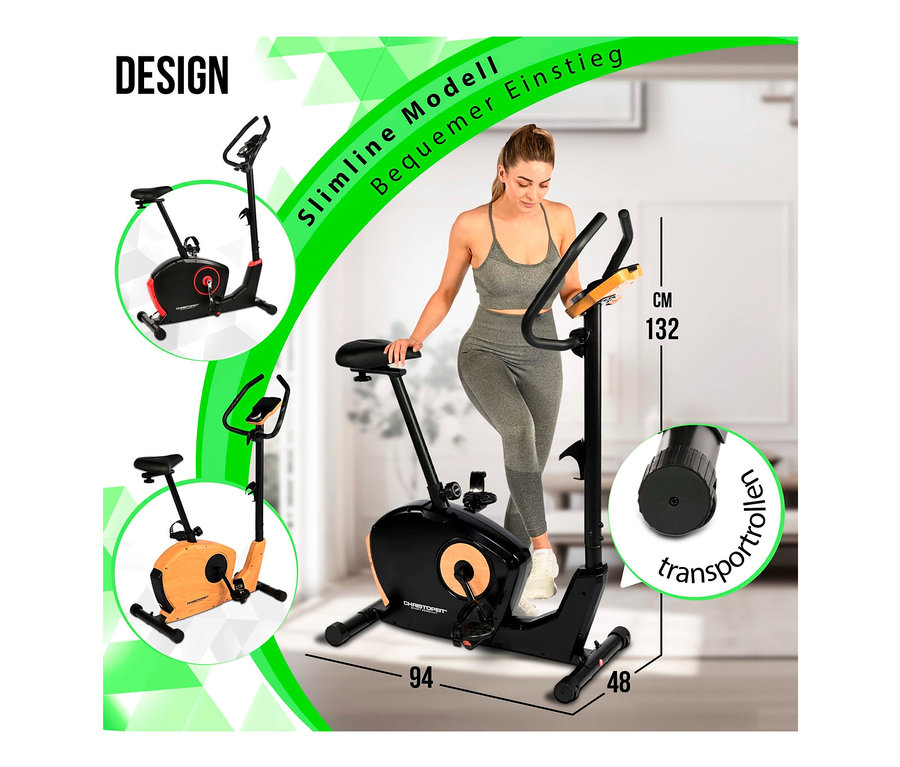 Frau stützt sich auf den Sattel des Heimtrainers Ergometer »ET 3.1«.