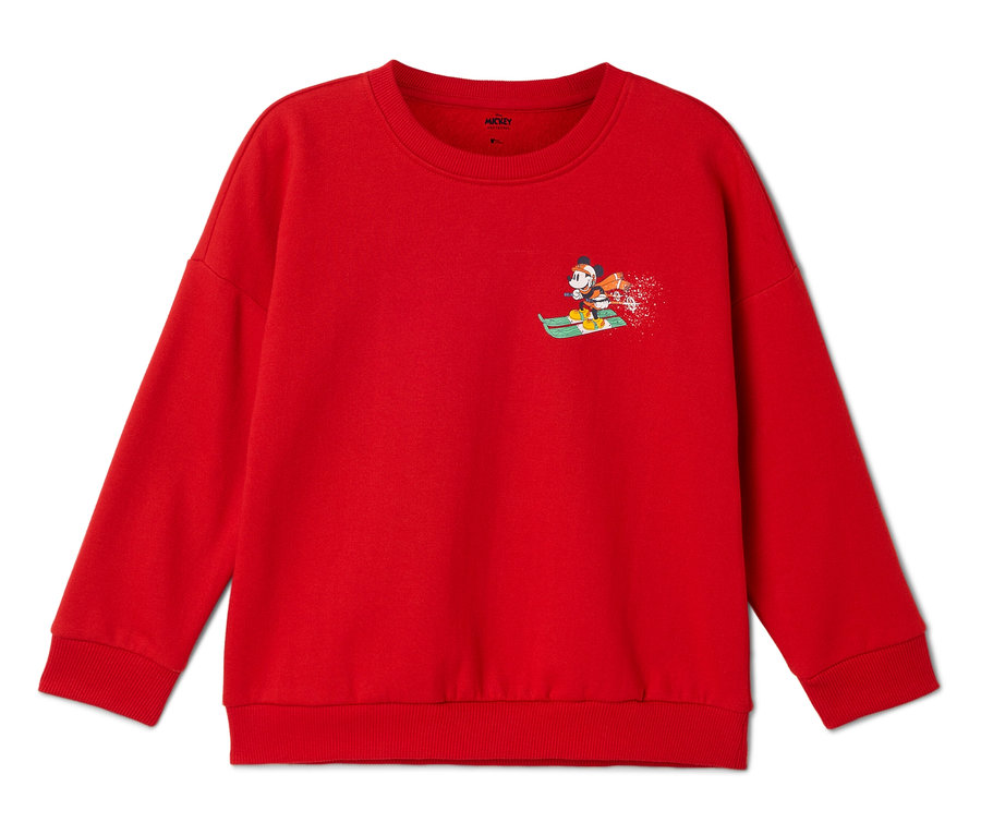 Roter Pullover mit einer Abbildung von Mickey Mouse auf einem Schlitten.