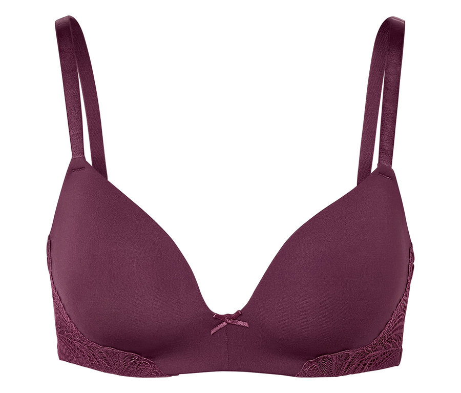 Ein lila BH mit Spitze und einer Schleife in der Mitte.