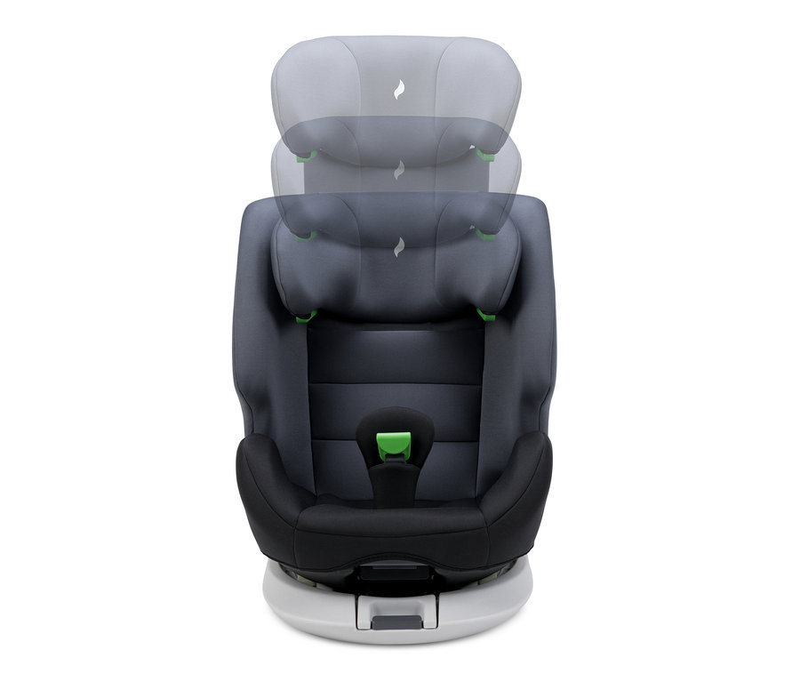 Osann Kinder-Autositz »Four maxi« in Grau mit schwarzem Sitzpolster und grünem Sicherheitsgurt.