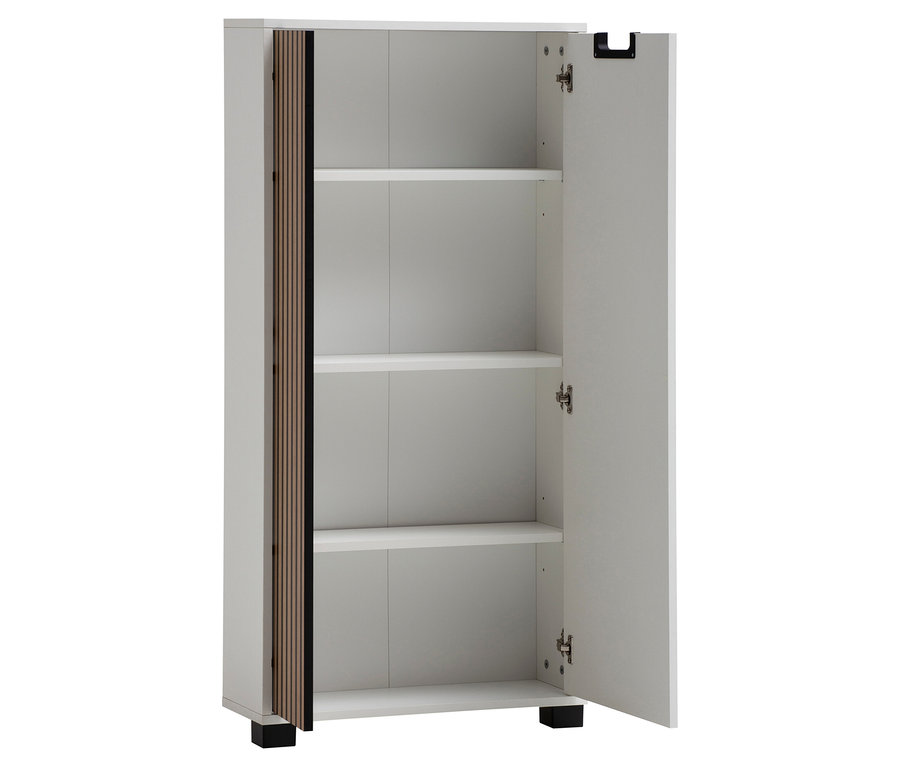 Offener weisser Schrank mit braunen Details und drei Regalen.