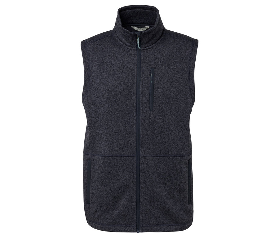 Dunkelgraue Fleeceweste mit Reißverschluss und Taschen.