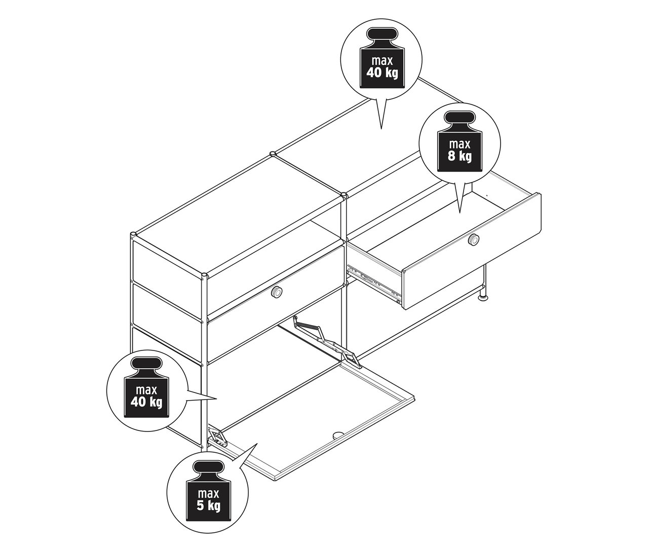 Skizze eines Sideboards Metall "CN3" mit 2 Klappenfächern, 2 Schubladen und 2 offenen Fächern.