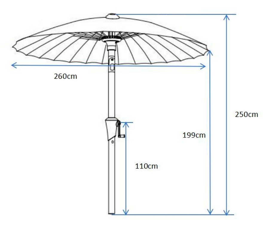 Eine Skizze von einem roten Leco Shanghai Sonnenschirm*, Ø 270 cm, mit Maßangaben.