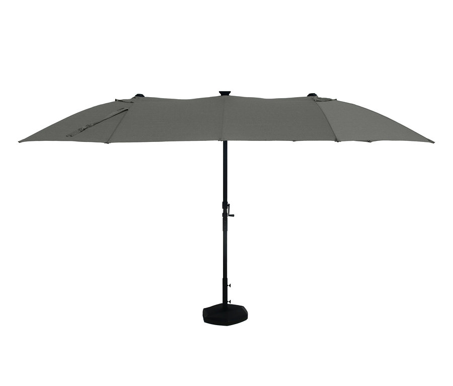 Grauer, ovaler LECO Doppelsonnenschirm mit LED-Beleuchtung, ca. 270 x 460 cm.