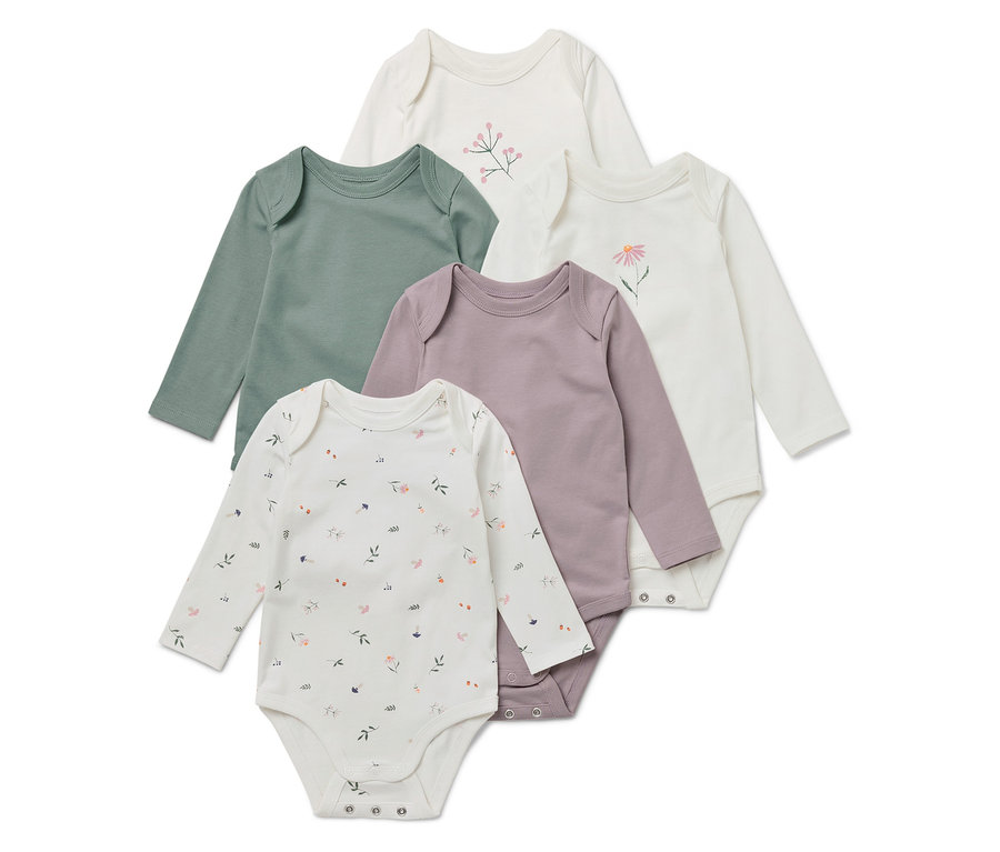 Fünf langärmelige Babybodys in Grün, Lila, Weiß mit Blumenmuster.