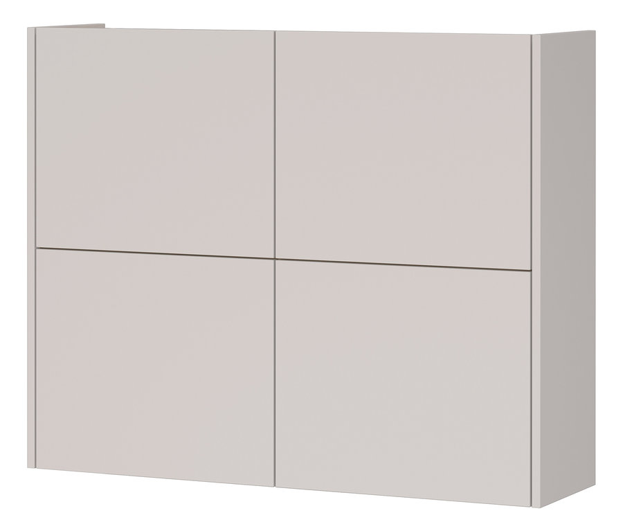 Ein grauer Wandschrank mit vier Türen ist vor einem weißen Hintergrund zu sehen.