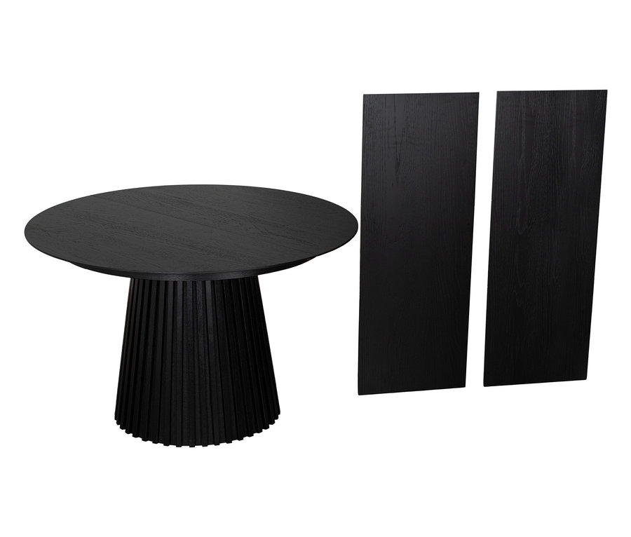 Schwarzer DeVries Esstisch »Oria Oak« neben zwei schwarzen Tischplatten.